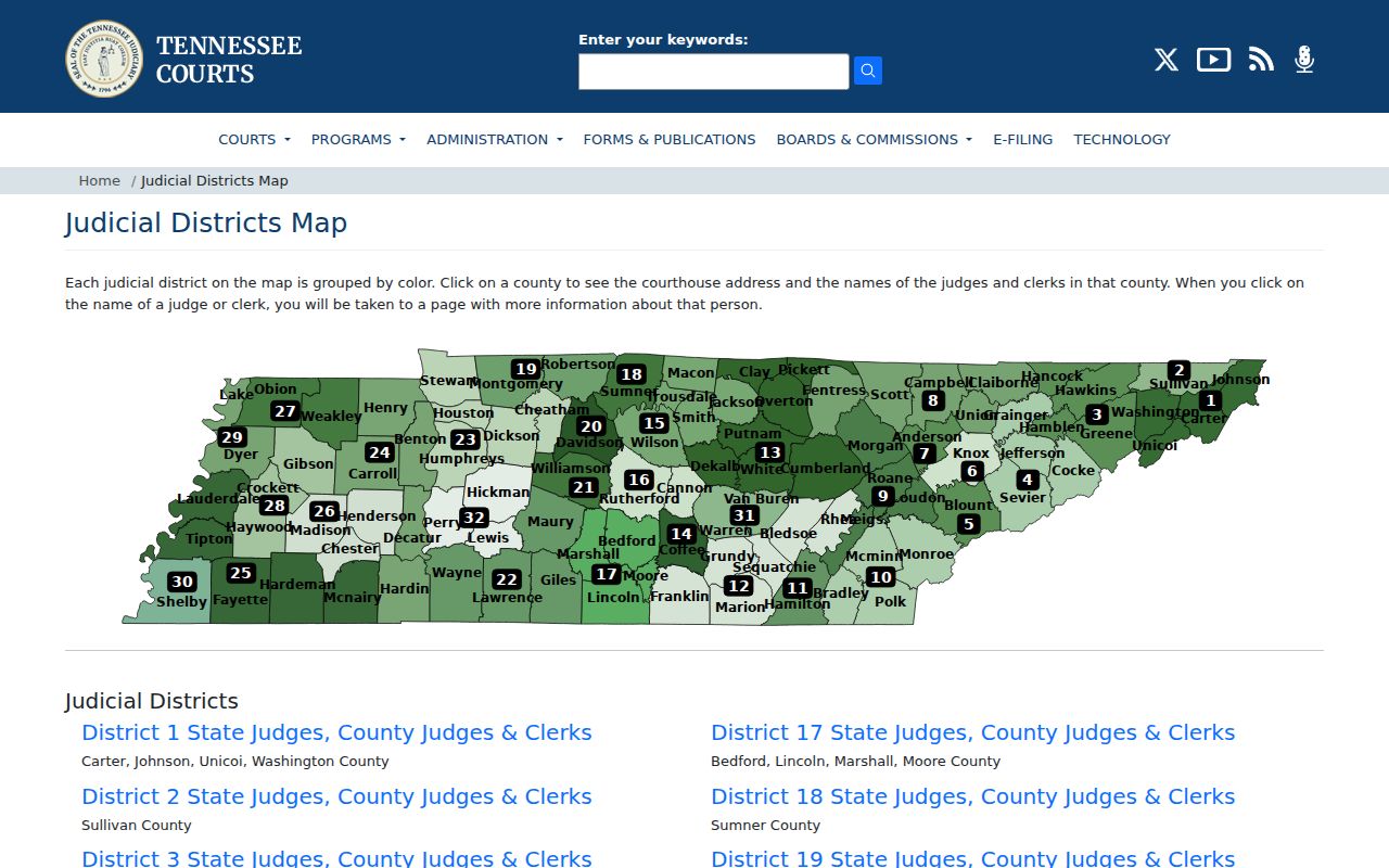 Tennessee map showing Overton County in the 13th Judicial District