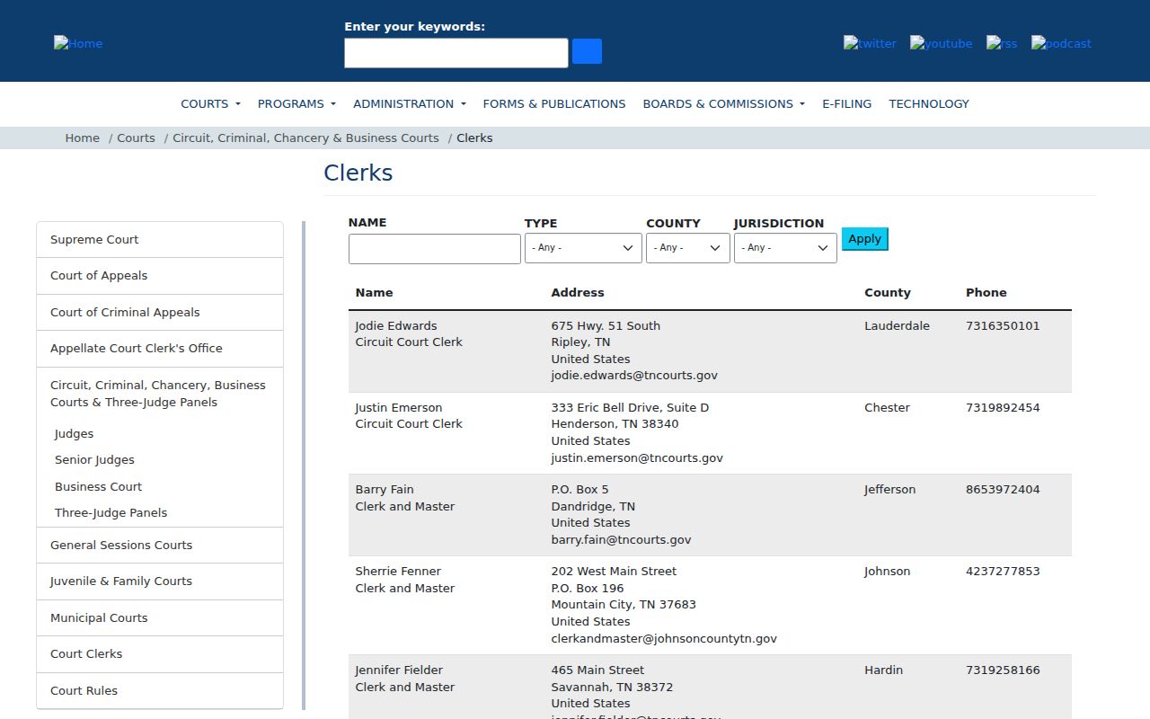Tennessee court directory listing for the Overton County Circuit Court Clerk