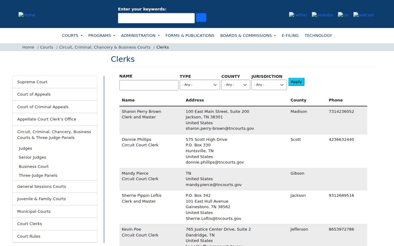 Overton County civil docket current Clerk and Master listing