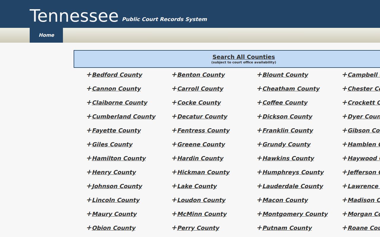 Overton County case lookup availability in the TnCIS county directory