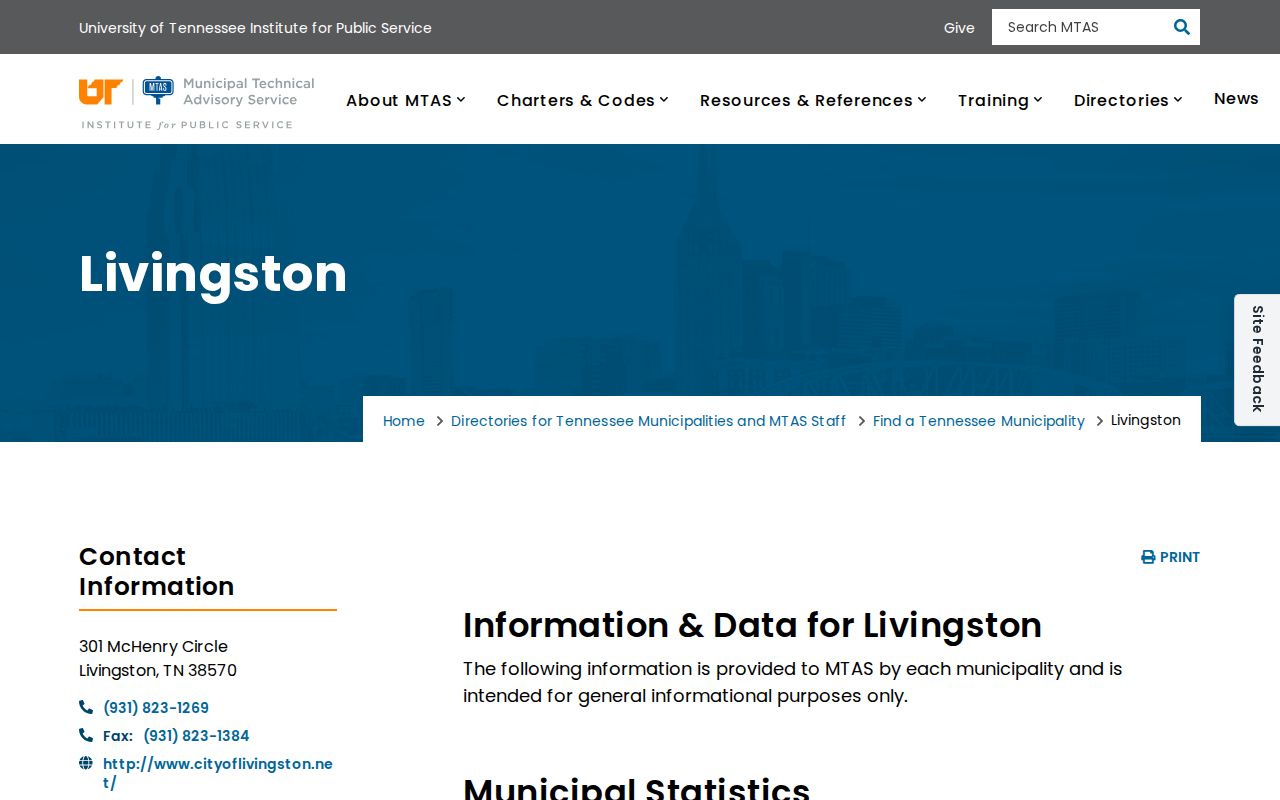 Livingston municipal court docket context in the MTAS city directory