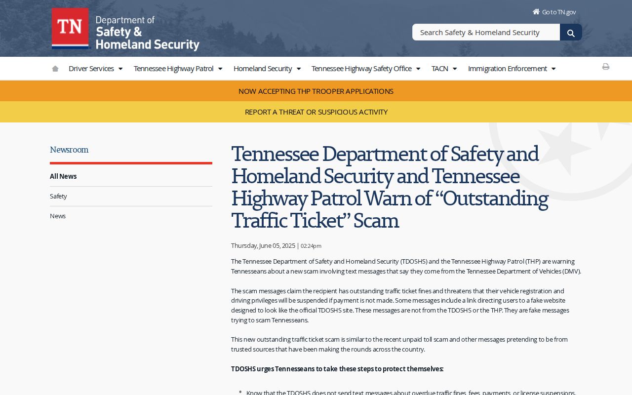 Overton County traffic ticket scam warning from Tennessee officials